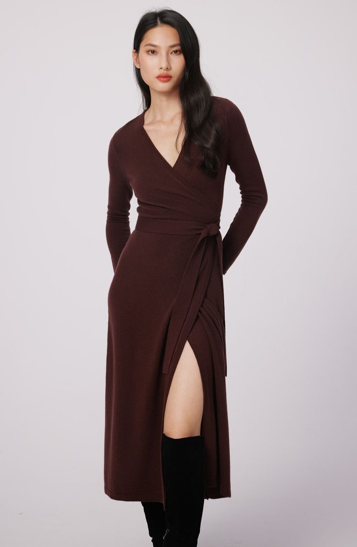 This quintessential wrap sweater-dress knit from luxe wool and cashmere features a sultry dipped neckline and waist-cinching sash. Surplice V-neck Long sleeves 70% wool, 30% cashmere Dry clean Imported Formal Fall V-neck Wrap Dress, Elegant Long Sleeve Cashmere Sweater Dress, Fitted Cashmere Dresses For Fall, Fitted Long Sleeve Cashmere Dress, Fall Evening Wrap Dress, Elegant Cashmere Sweater Dress For Winter, Long Sleeve Cashmere Work Dress, Fitted Cashmere Sweater Dress For Fall, Long Sleeve Cashmere Dress For Work