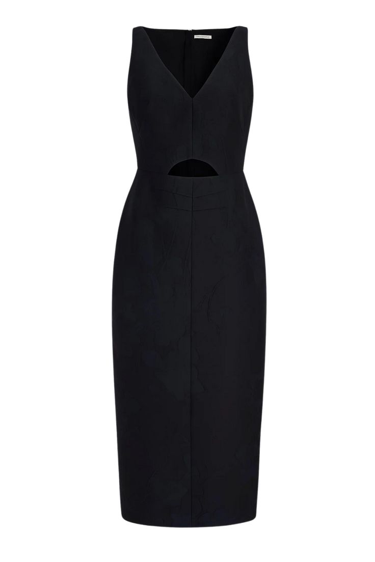 Artfully constructed to follow a clean, architectural silhouette, the Illyse dress is a contemporary option for cocktail party dressing. Crafted from a subtly placed floral embossed cloque, this black tailored dress features a deep v-neckline and cut-out panel evoking a sense of empowered sensuality. PLEASE NOTE ALL SALE ITEMS ARE FINAL SALE Chic Structured Midi Dress With Boning, Elegant Dress With Structured Boning For Night Out, Elegant Night Out Dress With Structured Boning, Chic Structured Midi Dress For Party, Structured Midi Dress For Evening, Sleek Structured Evening Dresses, Elegant Structured Midi Cocktail Dress, Elegant Structured Cocktail Midi Dress, Formal V-neck Dress With Structured Boning