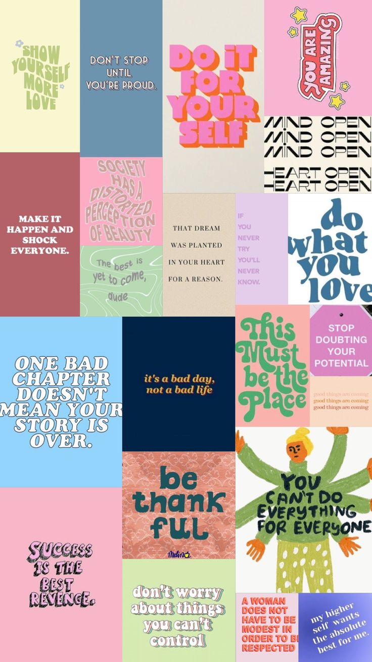 many different types of posters with words on them and some type of lettering in the middle