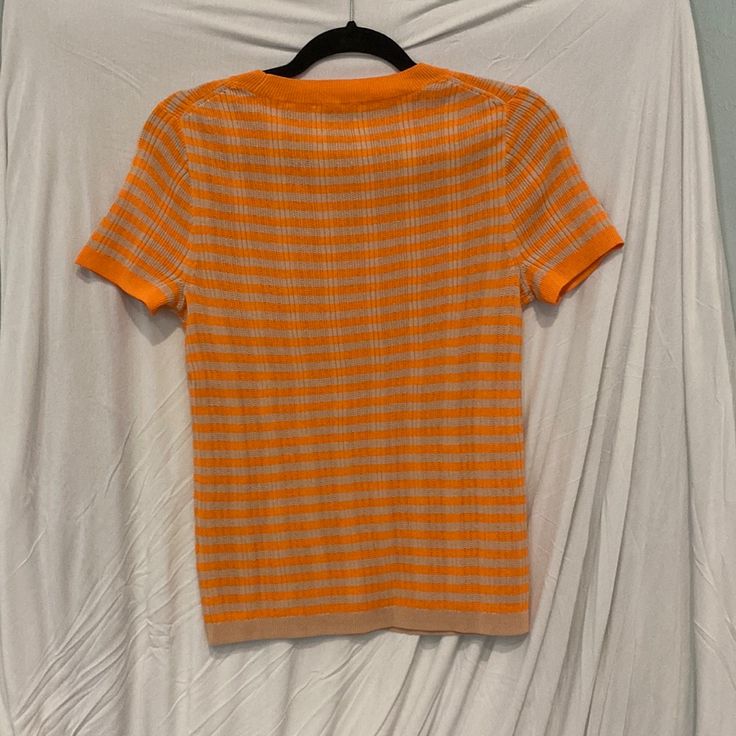 Nwt Orange And Beige Knit Sweater - Lightweight. Cute! Fitted Knitted Orange Top, Fitted Orange Knitted Tops, Orange Knit V-neck Top, Orange Crew Neck Top For Layering, Orange V-neck Knit Top, Retro Textured Knit Crew Neck Top, Striped Knitted Crew Neck Tops, Casual Orange Ribbed Top, Casual Orange Tops For Layering