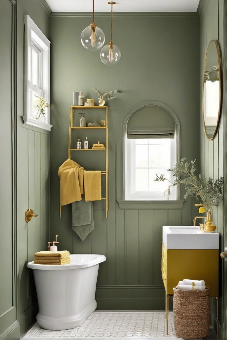 a bathroom with green walls and yellow towels hanging on the rack above the bathtub