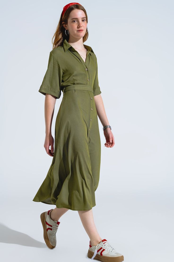 Length: Maxi length. Subcategory: Dress. Neck: Polo collar. Sleeves: Short Sleeves. Fit: Relaxed fit. Style: Boho. Detail: Belt of same fabric included. Fabric: Lightweight woven fabric . Zipper: Button placket. runs true to size. S. 70% Viscose 27% Polyester 3% Elastane Fitted V-neck Viscose Shirt Dress, Casual Button Front Midi Shirt Dress, Casual Midi Length Shirt Dress With Placket, Casual Midi-length Shirt Dress With Placket, Solid Color Summer Shirt Dress For Work, Solid Summer Shirt Dress For Work, Solid Shirt Dress For Summer Workwear, Solid Summer Dress With Placket, Spring Solid Dress With Placket