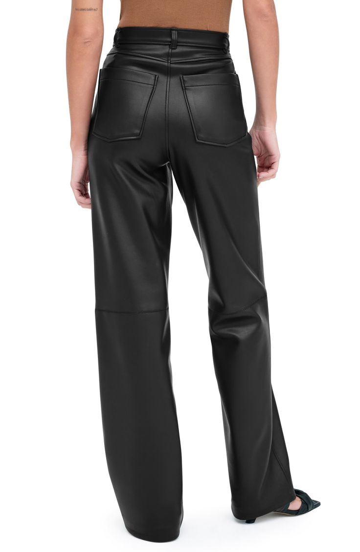 Add an edge to any outfit with five-pocket pants crafted from faux leather in a wide-leg silhouette. Zip fly with button closure Five-pocket style 97% polyester, 3% spandex Machine wash, dry flat Imported Sleek Straight Leg Leather Pants With Pockets, Leather Pants With Faux Front Pockets For Work, High Waist Leather Bottoms With Faux Front Pockets, Wide-leg Black Faux Leather Pants, Edgy Wide Leg Leather Pants With Pockets, Wide Leg Leather Pants With Button Closure For Work, Wide Leg Faux Leather Pants With Belt Loops, Edgy Full-length Leather Pants For Workwear, Trendy Leather Pants With Faux Front Pockets For Work