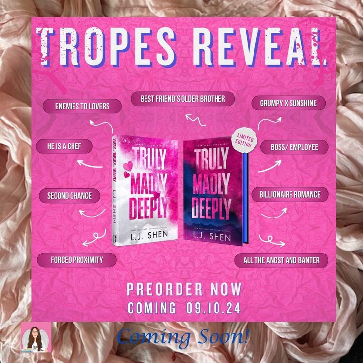 a pink poster with two books on it that says trope's reveal