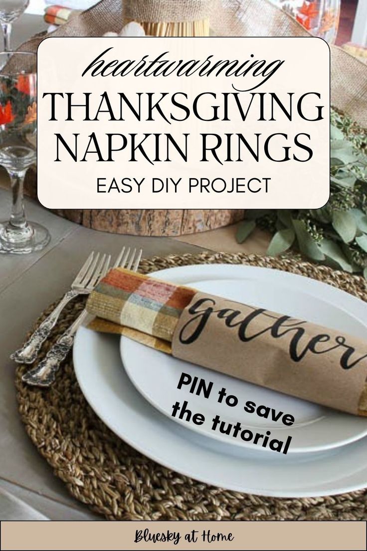 a thanksgiving table setting with napkins and place settings on the plate, along with an easy diy project