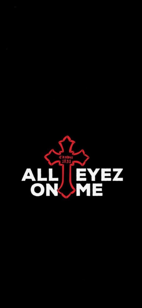 an all eyez on me logo is shown in red and black with the words