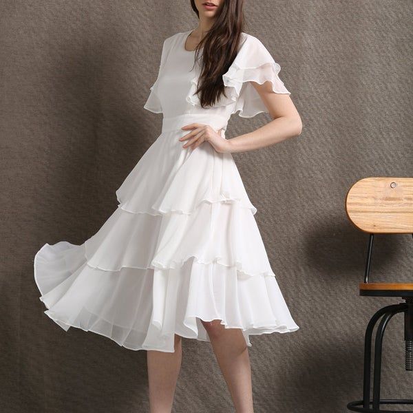 White Chiffon Dress, White Frock, Summer Dress White, Chiffon White Dress, Frock For Women, Tunic Designs, Frilly Dresses, White Prom Dress, White Dress Party