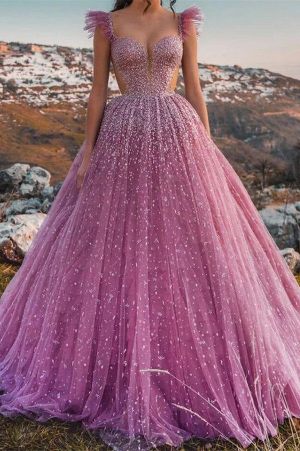 Glamorous Cap Sleeves Ball Gown Evening Dress Tulle With Appliques-Ballbella Sparkly Prom Dresses Ball Gown, Sweet 16 Dresses Corset Top, Pagent Dresses For Women, Sleeveless Ball Gown, Dress With Beads, Ball Gown Prom Dress, Fest Outfits, Tulle Evening Dress, Floor Length Prom Dresses