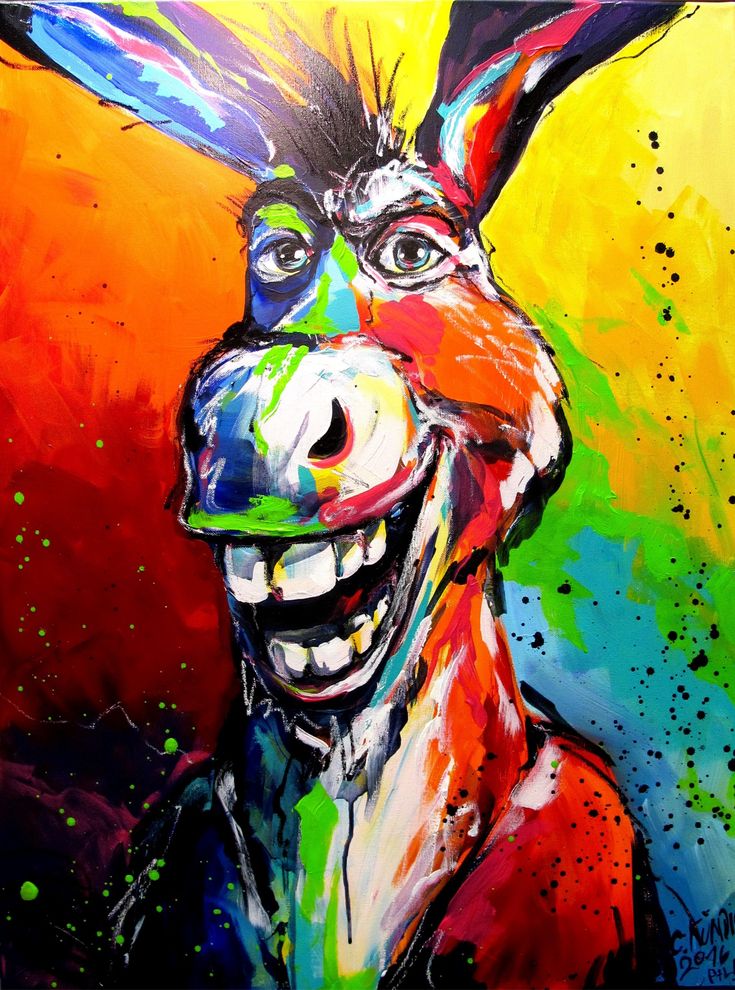 a painting of a donkey with colorful paint splattered on it's face