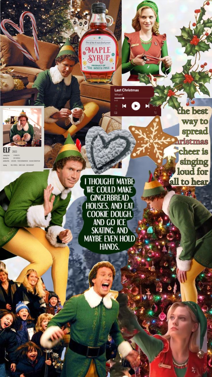 collage of photos from the holiday movies including elf, snowman and santa clause