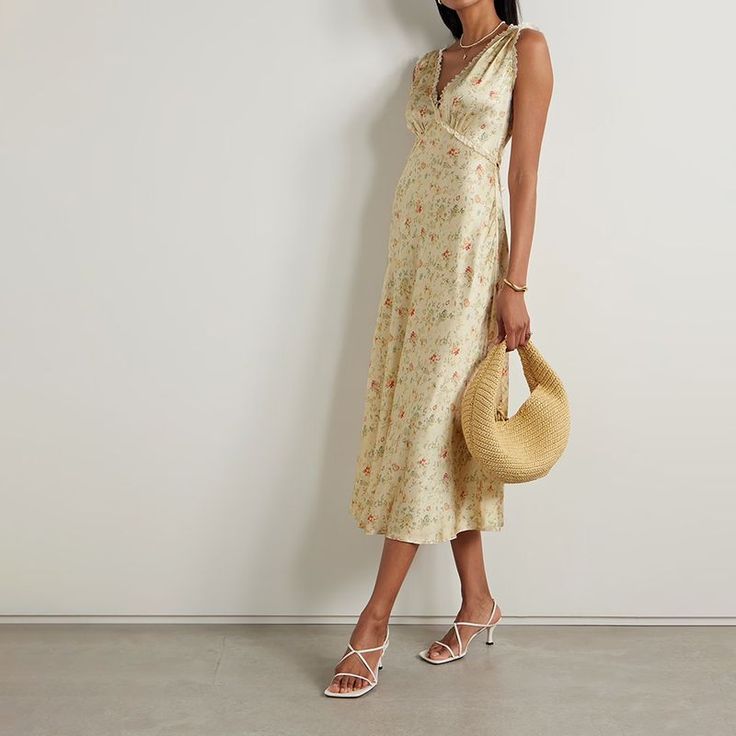 Silk Midi Dress With Floral Print, Chic Silk Midi Dress With Floral Print, Silk Midi Dress For Garden Party, Silk Sundress For Brunch, Silk A-line Midi Dress For Garden Party, Chic Silk Dress For Garden Party, Sleeveless Slip Dress For Garden Party, Elegant Sleeveless Floral Dress For Daywear, Silk Sundress For Garden Party