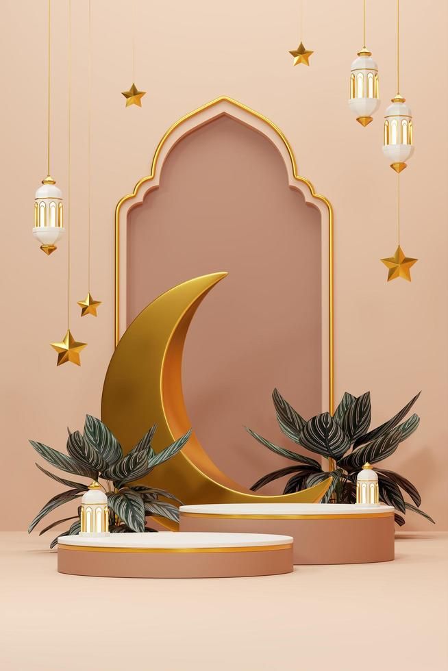 a golden crescent and some plants in front of a pink wall with gold stars hanging from it