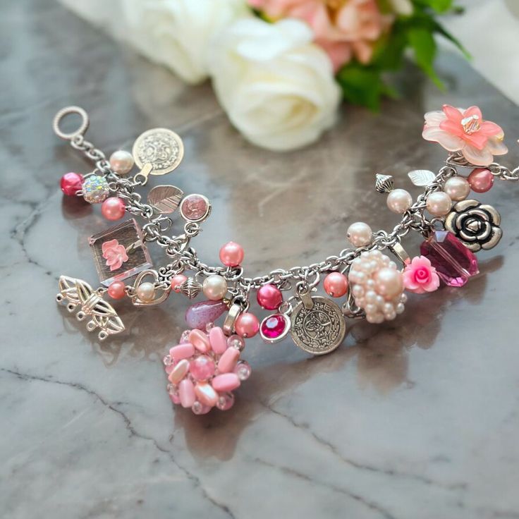 Upcycled vintage jewelry Vintage Metal Jewelry With Vintage Charm, Vintage Metal Jewelry With Charms, Handmade Retro Bracelets As Gift, Vintage Pink Jewelry With Charms, Vintage Pink Charm Jewelry, Pink Vintage Jewelry With Charms, Pink Metal Charm Bangle Bracelet, Pink Metal Bracelets For Wedding, Nickel Free Pink Charm Bracelet