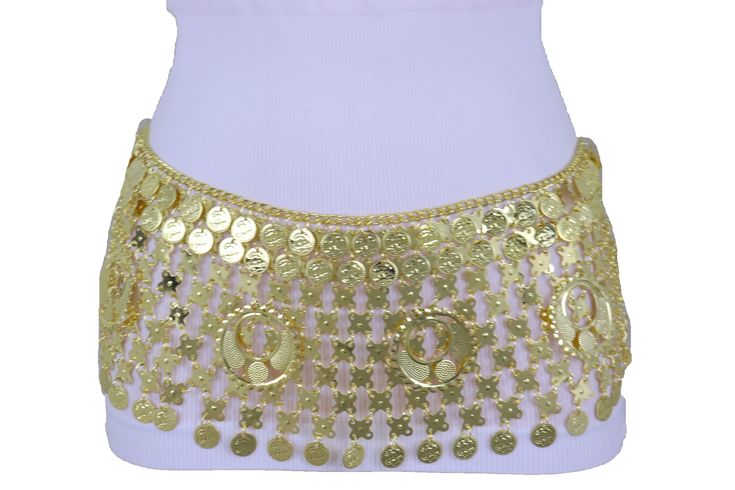 Style : Fashion ethnic style Belly dance look / High waist or HipCondition : Brand NewColor : Gold metal chain links waistband and coin charms Size: One Size Belt Medium - XL Waist Size: About 33" - 45" Belt Width : About 5" dropVery Special Fashionable Belt Brand New Trendy Women Stylish Waistband Spring Summer Collection Ladies Fashion Sexy Belt - day or night classic look or party time Brand new sexy fun and edgy fashion special and unique stylish belt Ladies Fashion Fancy Casual / Dressy Sty Fancy Casual, Casual Dressy, Chain Links, Metal Chain Link, Ethnic Style, Dressy Casual, Wide Waistband, Ladies Fashion, Ethnic Fashion