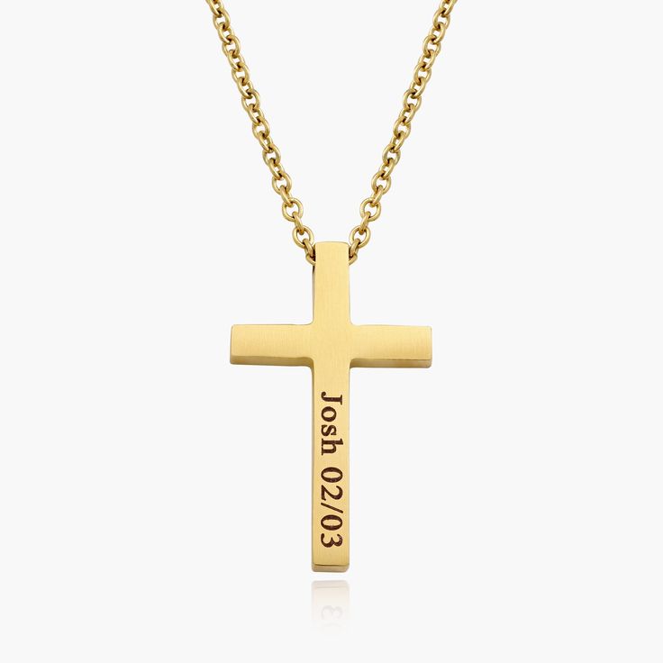 Introducing the SOYER gold cross men's necklace - a durable and stylish accessory that is sure to elevate any outfit. Made from high-quality stainless steel and finished with a beautiful gold color, this necklace exudes sophistication and class. You have the option to engrave it with a personal message or a special date, making it a truly unique and meaningful piece. Chain Length 24" Pendant Size1.4" X 1" Finish Fine Brush Gold Personalized Minimalist Cross Necklace, Gold Minimalist Personalized Cross Necklace, Minimalist Personalized Gold Cross Necklace, Engraved Stainless Steel Cross Necklace, Engraved Stainless Steel Cross Necklaces, Minimalist Personalized Cross Pendant Necklace, Gold Minimalist Stainless Steel Cross Necklace, Minimalist Gold Stainless Steel Cross Necklace, Gold Stainless Steel Minimalist Cross Necklace