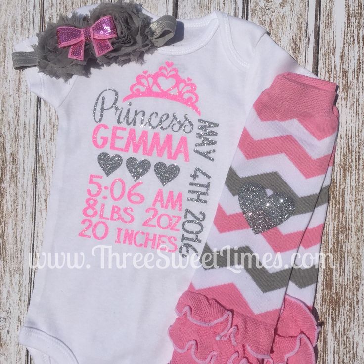 "Custom personalized baby stats bodysuit/shirt. Please include a note with all information requested. How adorable is this custom baby outfit! Perfect as a gift, or for your own princess!  ❤ Optional leg warmers and matching headband available. ❤ I love custom orders, if you don't see what you are looking for feel free to message me. ❤ The super sparkly pink and silver glitter is CPSIA certified and safe for children's clothing. This glitter does no flake off at all!  ❤ Leg Warmers are one size Customizable Fitted Onesie For First Birthday, Fitted Onesie With Letter Print For First Birthday, Fitted Letter Print Onesie For First Birthday, Personalized Fitted Onesie For Birthday, Personalized Pink Onesie For Birthday, Personalized Pink Onesie For First Birthday, Pink Fitted Onesie For Birthday, Customizable Cute Pink Onesie, Fitted Pink Onesie With Name Print