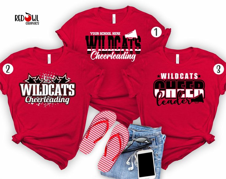 three red shirts with the words bulldogs cheer team on them and one pair of flip flops