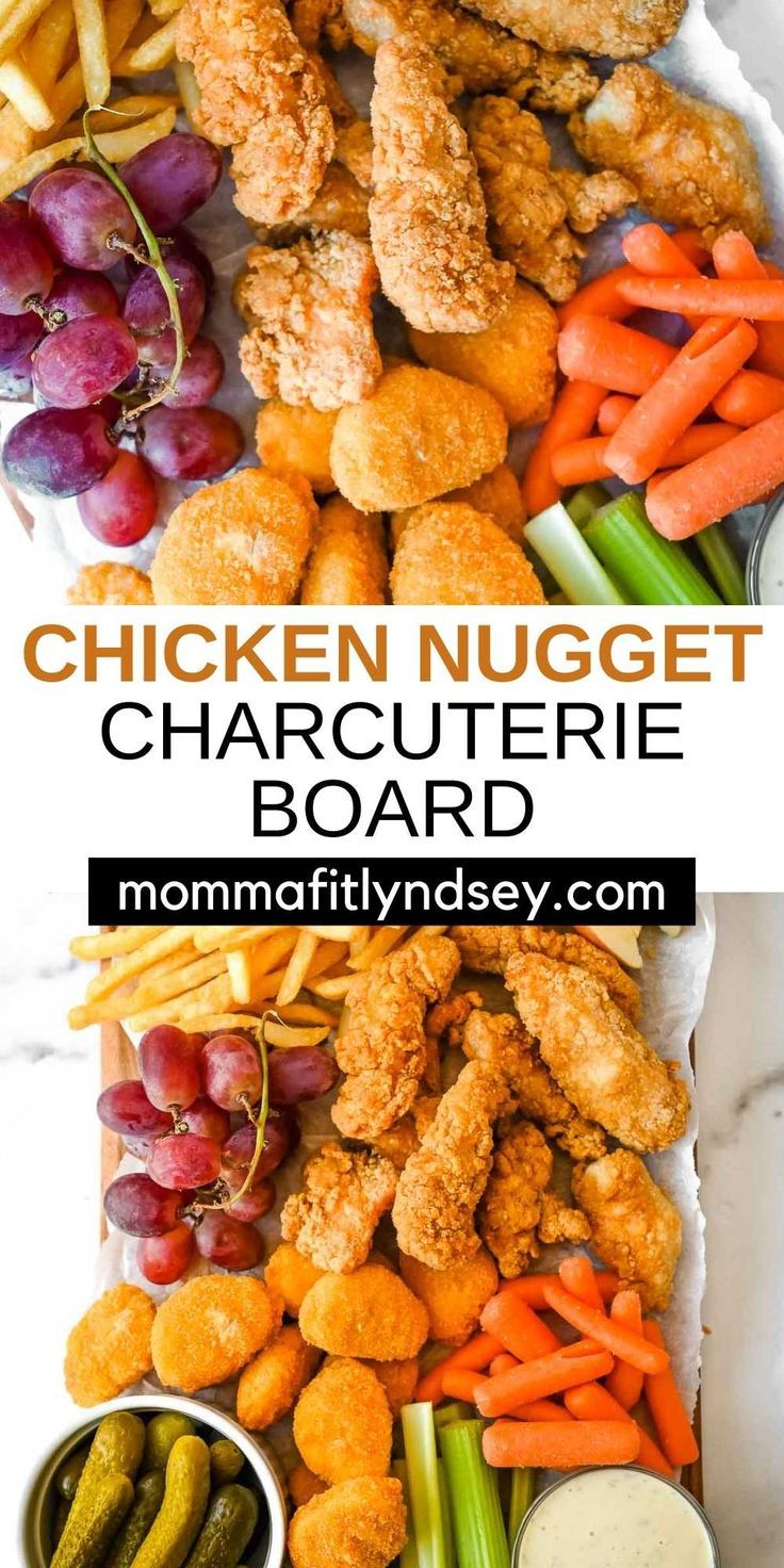 pin showing closeup of chicken nugget charcuterie board and a panned out version. Nugget Charcuterie Board, Chicken Nugget Charcuterie Board, Crispy Chicken Strips, Tyson Chicken, Chicken Nugget, Charcuterie Inspiration, Fast Dinners, Chicken Strips, Best Appetizers