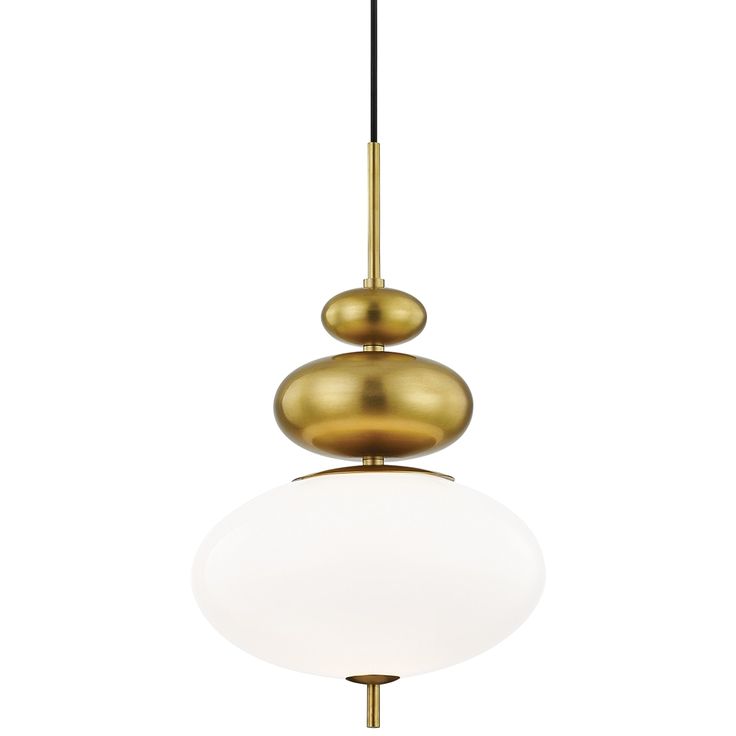 a brass colored pendant light with two white glass balls hanging from it's sides