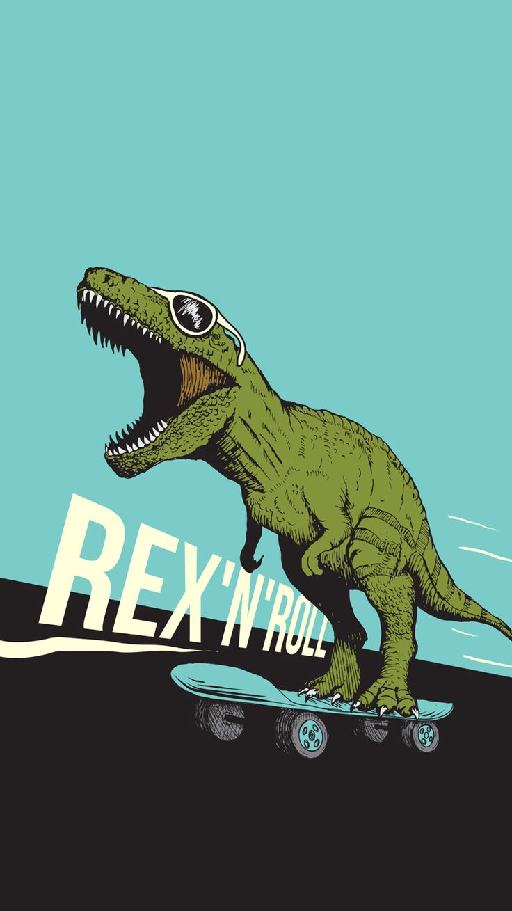 an image of a dinosaur on a skateboard with the words rex'n'roll