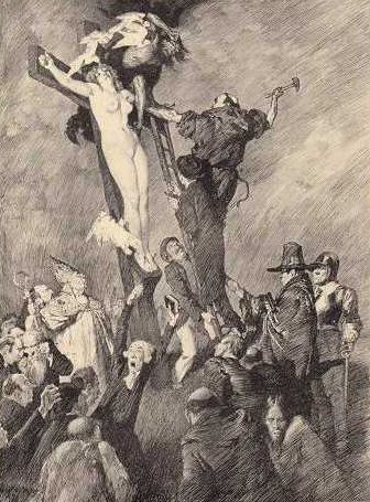 a drawing of jesus on the cross surrounded by people