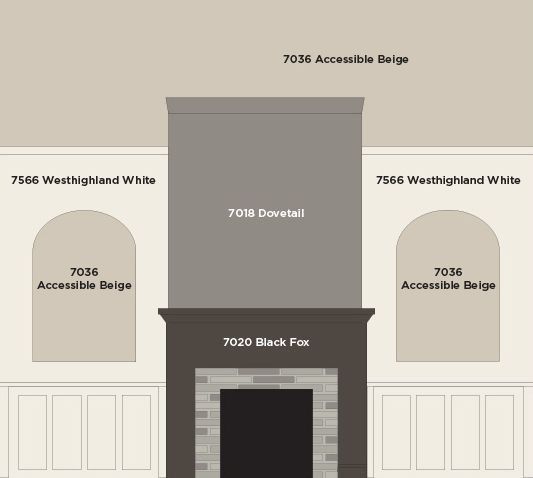 the fireplace is shown with measurements for each piece of furniture in front of it and below