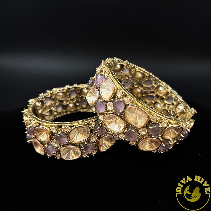 This stunning piece, adorned with radiant moissanite stones, adds a touch of luxury and sparkle to your look. Perfect for any occasion! 💎 Quality Guaranteed Metal: Brass Nickel Free Polish : Mehndi Gold Openable Handmade Comes in Pair Jeweled Kundan Bangle In Fusion Style, Jeweled Kundan Fusion Bangle, Fusion Style Jeweled Kundan Bangle, Dazzling Jewelry With Intricate Design For Festive Season, Dazzling Festive Jewelry With Intricate Design, Elegant Jeweled Bracelets For Diwali, Festive Fusion Style Jeweled Bangle, Festive Fusion Jeweled Bangle, Festive Kundan Fusion Bangle