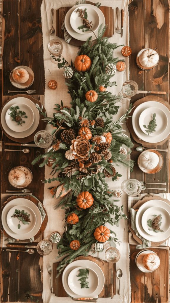 an overhead view of a table set for thanksgiving dinner