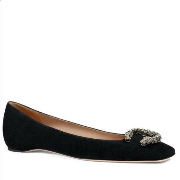 Gucci Dionysus Suede Ballet Flat Shoes Color: Black  Size: 35.5  MSRP: $840.00 Gucci suede ballerina flat. Crystal-embellished tiger head detail. 0.3" flat heel. Square toe. Slip-on style. Smooth outsole. "Dionysus" is made in Italy. Designer Black Ballet Flats, Gucci Flats Black, Luxury Black Ballet Flats, Gucci Dionysus Black, Luxury Black Pointed Toe Ballet Flats, Gucci Horsebit Loafers, Black Loafer Shoes, Dressy Hats, Suede Ballet Flats