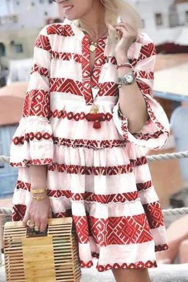 Material Polyester Style Casual Pattern Type Print Element Split Joint Neckline V Neck Silhouette Cake Skirt Sleeve Style Ruffle Sleeve Sleeve Length Three Quarter Dresses Length Mini Fit Type Straight Type Full Print Size(in) Bust Dresses Length Sleeve Length S 36.2 33.9 17.7 M 37.8 34.3 18.1 L 39.4 34.6 18.5 XL 40.9 35 18.9 2XL 42.5 35.4 19.3 Tips:Due to the many variations in monitors, the color in the image could look slightly different, please take physical design and color shall prevail.Pl Striped Print Dresses, Baggy Dresses, Cake Skirt, Mini Dresses Summer, Dress Cover, Bohemian Dress, Maxi Dress With Sleeves, Mini Dress With Sleeves, Party Dresses For Women