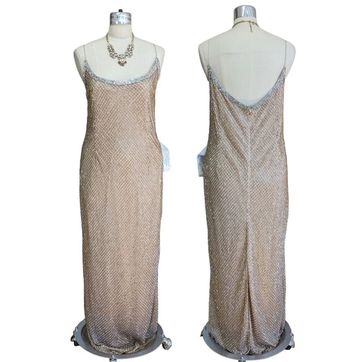 Mac Duggal Lattice Bead Sheath Gown In Nude Sequin Embellished Scoop Neckline Hidden Back Zipper Body Conscious Fit Heavy Beading Makes This Dress Very Heavy And Weights 3.5 Lbs New With Tags Size 16 Measurements Laying Flat- Bust 22", Hips 23.5", Length From Shoulder 58" 100% Polyester. Professional Spot Clean Only Glamorous Embellished Sheath Evening Dress, Embellished Sheath Evening Dress For Gala, Elegant Sequin Dress With Beaded Straps For Formal Occasions, Elegant Formal Sequin Dress With Beaded Straps, Sheath Wedding Evening Dress With Sequins, Embellished Sheath Evening Dress For Wedding, Sheath Gown, Body Conscious, Mac Duggal