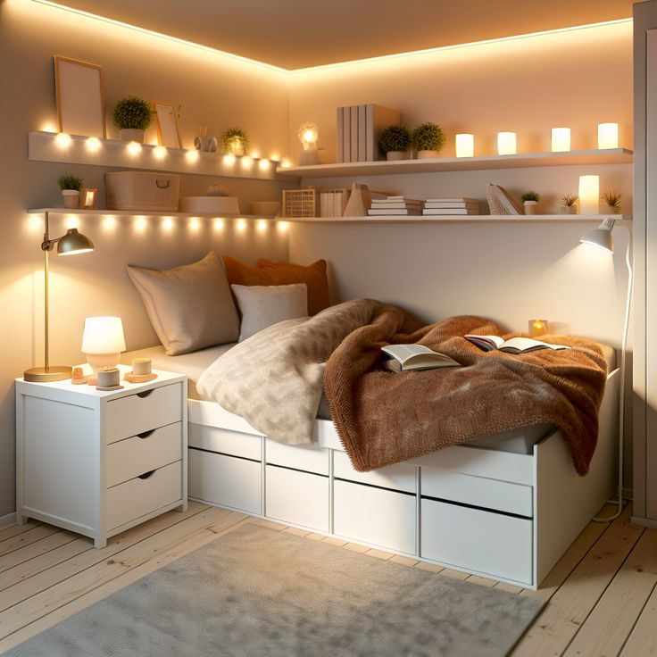 bedroom ideas for small rooms dark Corner Bed No Headboard, King Size Bed In Corner Of Room, Corner Bed Headboard Ideas, Bedroom Ideas Square Room, Queen Bed In Corner, Sideways Bed Against Wall, Corner Bed Ideas Tiny Bedrooms, Corner Bed Design Bedrooms, Small Dark Bedroom