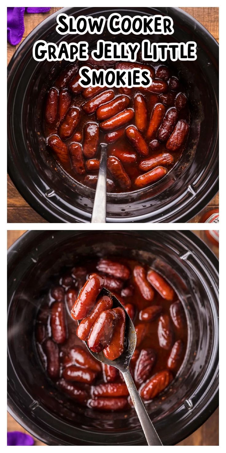 slow cooker grape jelly little smokies in the crock pot with spoon