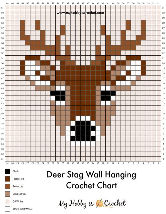 a deer head is shown in the middle of a cross stitch pattern with text that reads deer stag wall hanging crochet chart