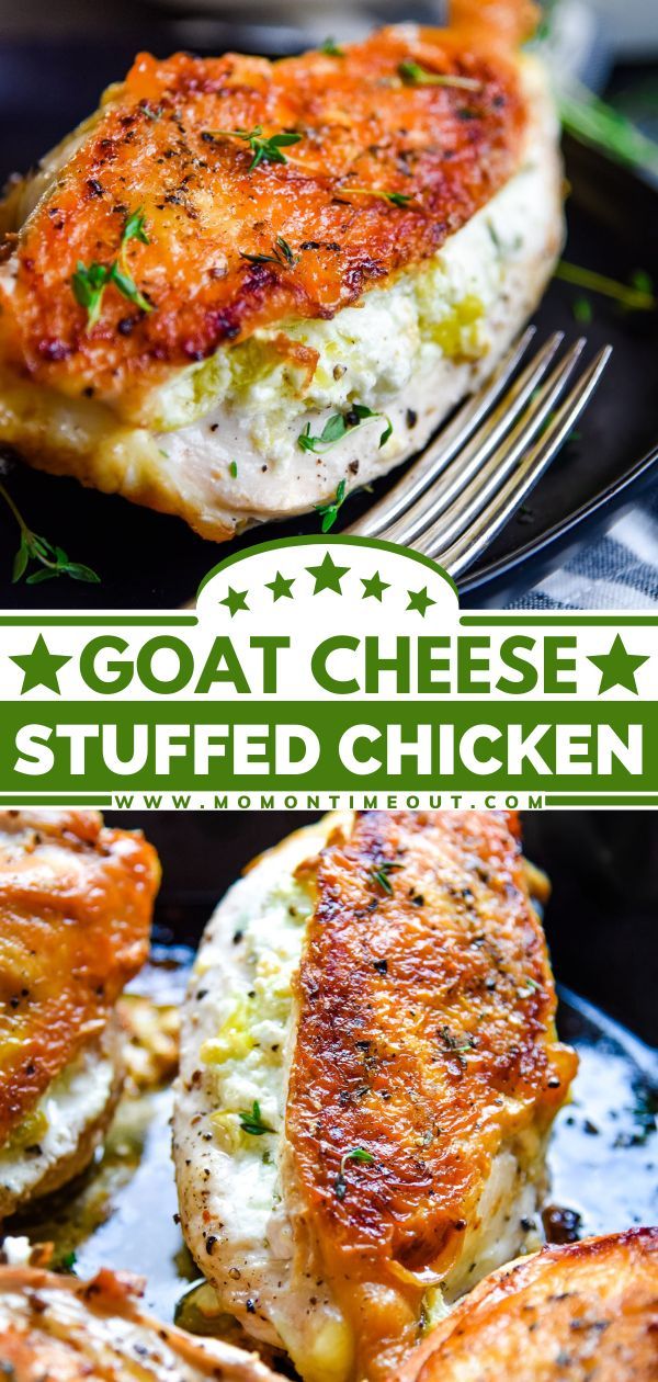 two pieces of grilled chicken on a plate with the title goat cheese stuffed chicken