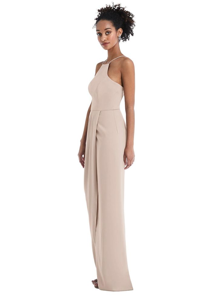 Halter Draped Tulip Skirt Maxi Bridesmaid Dress | The Dessy Group Chic Crepe Maxi Dress, Pre-draped Chiffon Maxi Dress With Fitted Bodice, Chic Asymmetrical Maxi Dress With Fitted Bodice, Chic Floor-length Crepe Dress, Elegant Asymmetrical Beige Maxi Dress, Elegant Beige Asymmetrical Maxi Dress, Chic Wedding Crepe Maxi Dress, Chic Crepe Wedding Maxi Dress, Elegant Flowy Full-length Maxi Dress