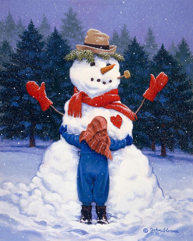 a painting of a snowman holding a child