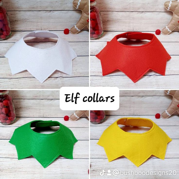 four different types of felt collars are shown in three separate pictures, one is green and the other is red