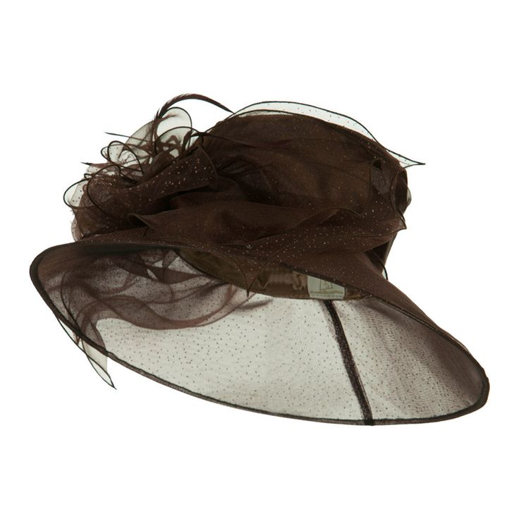 Glitter Big Bow Organza HatMade of 100% polyester.ONE SIZE fits most with size adjustable string inside, fitting up to 7 1/4.Inner satin hatband.Adult/Female.Crown measures 4 inches deep.Brim measures 5.5 inches wide.Hand wash only.Imported. Solid in color, glitter accented fashionable organza hat for ladies.Glitter is accented all around the hat.Crown of hat is featured with a big bow decorative hat band.Bow is detailed with feathers and glitter.Plastic wired downturned brim.Our fancy organza h Adjustable Flat Brim Sun Hat For Evening, Adjustable Bucket Hat With Curved Brim For Party, Adjustable Brown Hats For Evening, Adjustable Brown Hat Fascinator, Adjustable Brimmed Fascinator For Winter, Winter Brimmed Adjustable Fascinator, Wide Brim Brown Party Hat, Brimmed Brown Hat For Party, Adjustable Flat Brim Party Hat