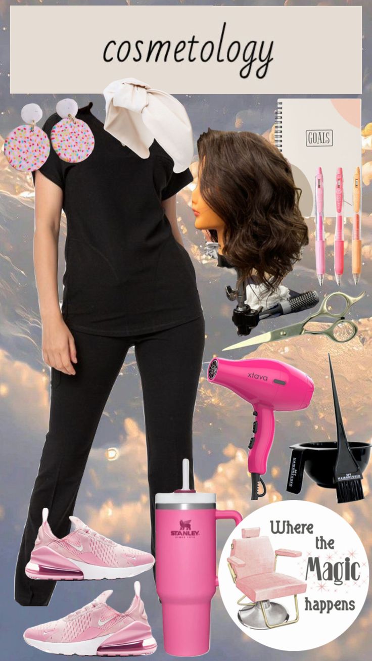 a collage of different items including shoes, hairdryer and other things to wear