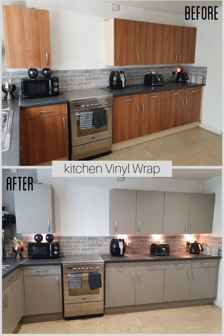 before and after photos of a kitchen remodel with wood cabinets, stainless steel appliances, and white subway backsplash