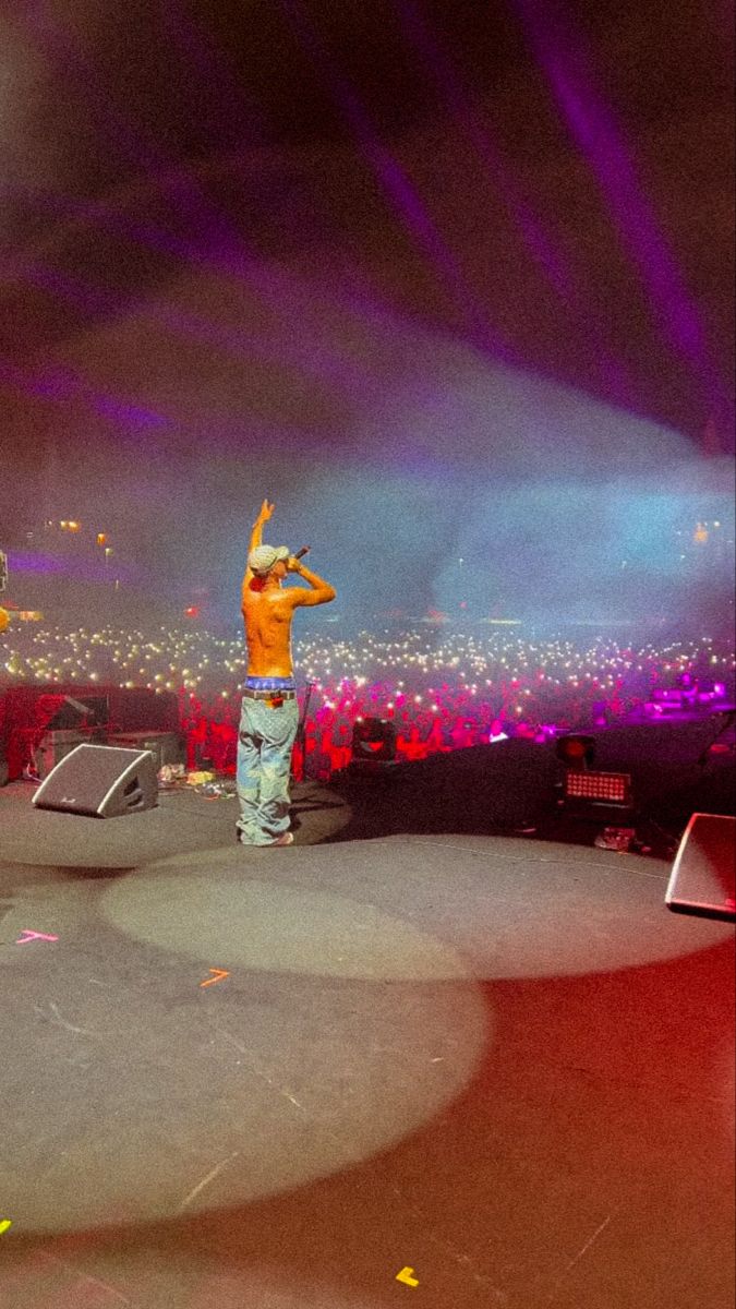 a man standing on top of a stage in front of purple and green lights at a concert