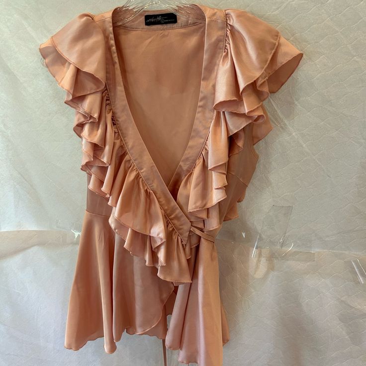 On Twelfth Ruffled Blouse; Wraps Around And Ties; Pink; Size L; Bust 36" Measured Armpit To Armpit; Length From Shoulder 26"; 100% Polyester Feminine Party Blouse With Ruffle Hem, Fitted Summer Blouse With Ruffle Hem, Chic Ruffle Hem Blouse For Night Out, V-neck Ruffle Blouse For Night Out, Summer V-neck Blouse For Night Out, Spring Night Out Blouse With Ruffle Hem, Spring Ruffle Hem Blouse For Night Out, Feminine Ruffled Blouse For Night Out, Feminine Blouse With Ruffles For A Night Out