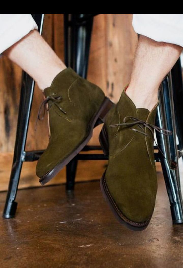 Casual Green Leather Shoes With Almond Toe, Green Leather Shoes With Leather Sole For Fall, Khaki Lace-up Boots With Rubber Sole, Green Leather Shoes For Fall, Green Lace-up Boots With Round Toe For Fall, Khaki Leather Boots With Round Toe, Green Goodyear Welted Leather Shoes With Round Toe, Green Leather Shoes With Goodyear Welted Round Toe, Casual Khaki Leather Desert Boots