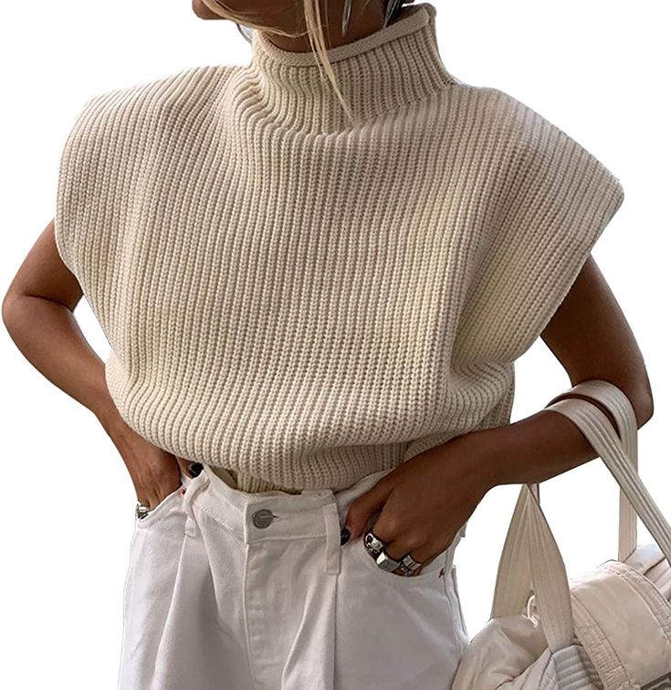 Passec Women's Turtleneck Knit Sweater Vest Shoulder Pad Sleeveless Knitted Sweater Jumpers Apricot at Amazon Women’s Clothing store Sleeveless Turtleneck Sweaters, Casual Turtleneck, Winter Knitwear, Sleeveless Turtleneck, Sweater Vest Women, Stylish Sweaters, Womens Turtleneck, Knitwear Tops, Casual Tank Tops