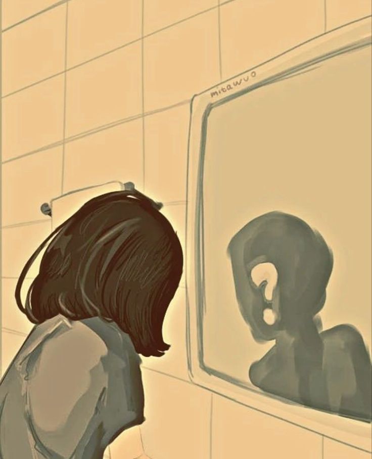 a girl looking at an alien in the mirror