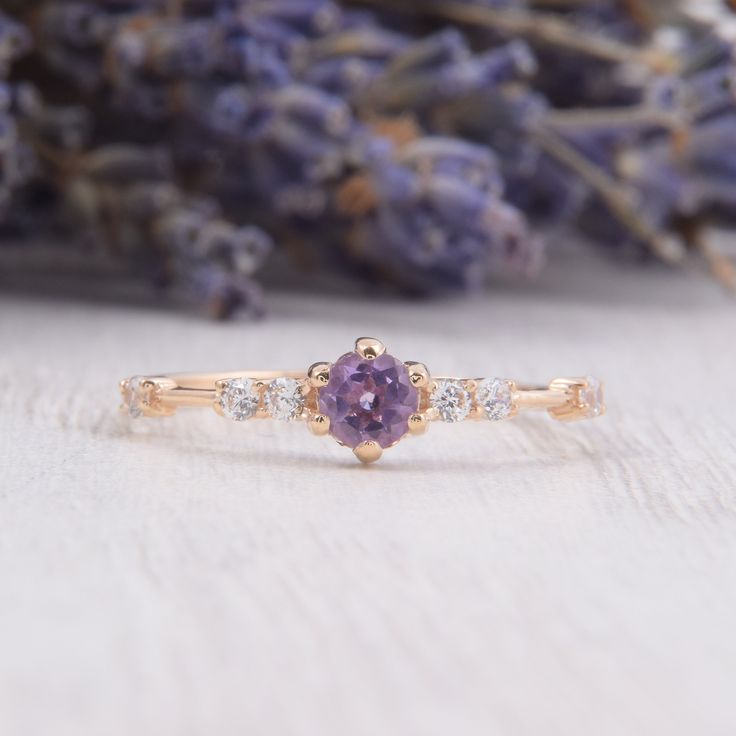 14k solid rose gold dainty & elegant amethyst promise ring for her, Unique small womens amethyst engagement ring, February birthstone WE OFFER UNLIMITED PERIOD INSTALLMENTS PLAN This is a beautiful, stunning, feminine ring that works well for all occasions, styles, and ages. You will love it! Ring information: Main stone: Amethyst Approximate size: 4.0mm Accent stones: Cubic zirconia Approximate size: 1.75mm (6 stones) Metal type: Gold Metal stamp: 14k Gold Installment Payments We offer inst Rose Gold Amethyst Birthstone Promise Ring, Rose Gold Amethyst Birthstone Ring For Promise, Rose Gold Amethyst Promise Ring, Dainty 14k Gold Amethyst Ring, Dainty Amethyst Birthstone Ring, Promise Amethyst Ring In Rose Gold, Dainty 14k Gold Amethyst Ring For Anniversary, Rose Gold Amethyst Ring With Birthstone Detail, Promise Rose Gold Amethyst Gemstone Ring