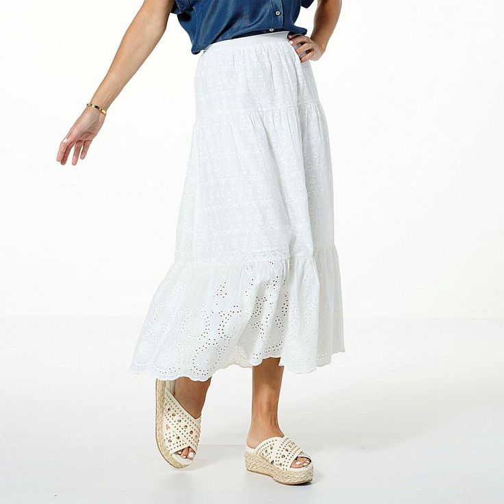 Jaclyn Smith Woven Eyelet Tiered Maxi Skirt  A dreamy style for sunny days, this tiered maxi skirt from Jaclyn Smith is crafted from a breezy, beautiful cotton eyelet fabric. Go on … give it a twirl! Breezy Ruffled Maxi Skirt, Breezy Tiered Maxi Skirt, Breezy Flowy Maxi Skirt For Day Out, Flowy Breezy Maxi Skirt For Day Out, Breezy Maxi Skirt For Day Out, Breezy Tiered Maxi Skirt With Ruffles, Breezy Tiered Ruffle Maxi Skirt, Spring Breezy Maxi Skirt, Breezy Ruffled Tiered Maxi Skirt