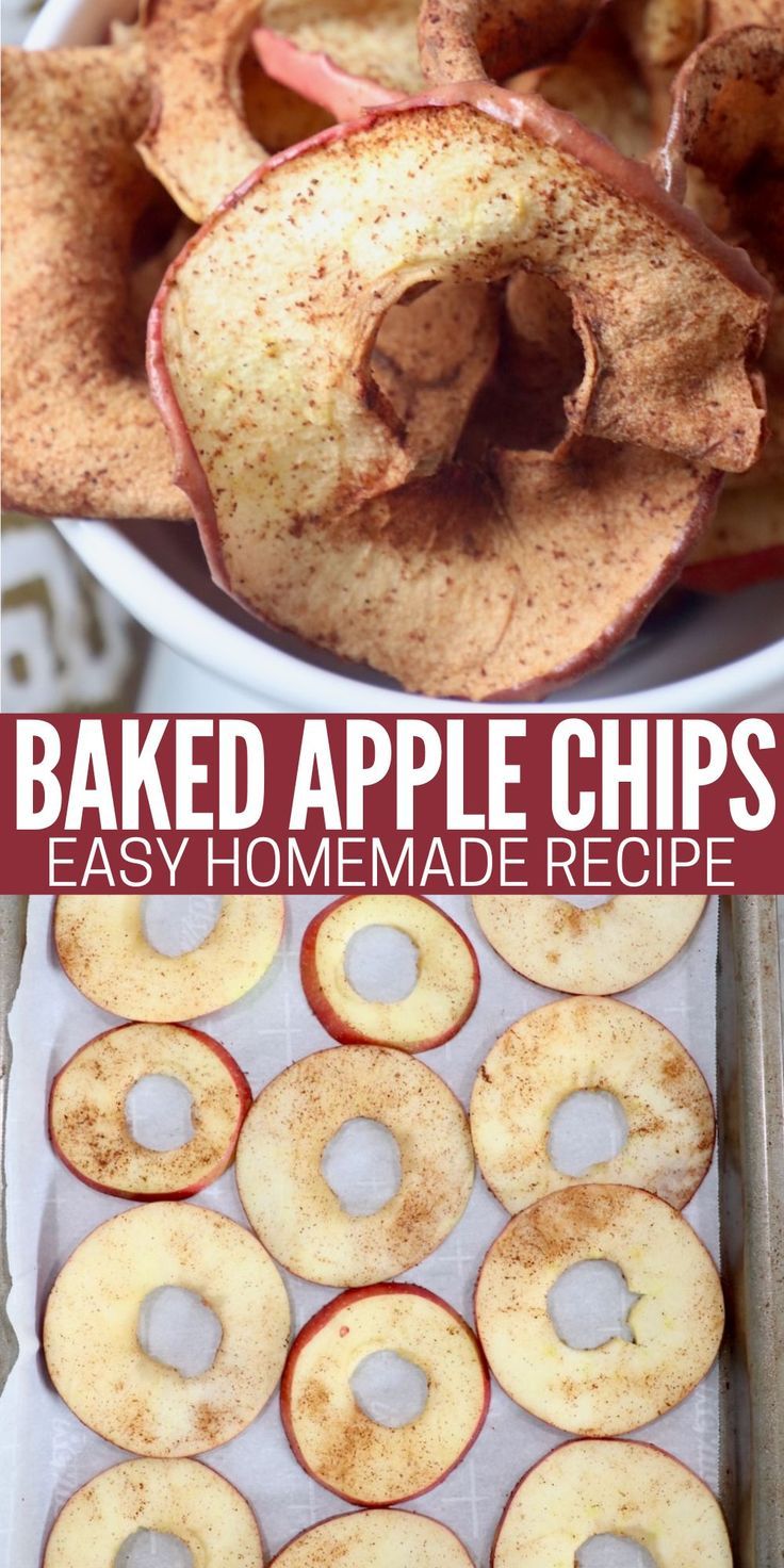 baked apple slices in bowl and slices of apple on baking sheet Baked Apple Chips Recipe, Homemade Apple Chips, Baked Apple Chips, Cinnamon Apple Chips Baked, Dried Apple Chips, Oven Baked Apple, Apple Chips Recipe, Apple Treats, Dehydrated Apples