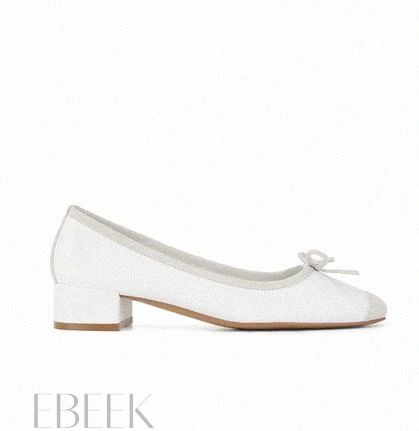 Ebeek - Silk Square-Toe Heeled Ballet Flats with Vintage Bow Detail White Low Heel Court Shoes For Spring, Spring Wedding Shoes With Padded Heel And Round Toe, Classic Block Heels With Round Toe For Summer, Classic Summer Block Heels With Round Toe, Summer Wedding Shoes With Almond Toe, Classic Flat Heel Spring Heels, Low Heel Court Shoes For Summer Office, Low Heel Summer Court Shoes For Office, Summer Low Heel Court Shoes For Work